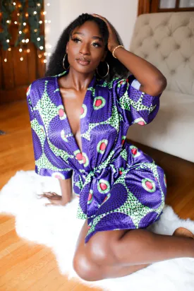 African Print Satin Robe Purple/Lime