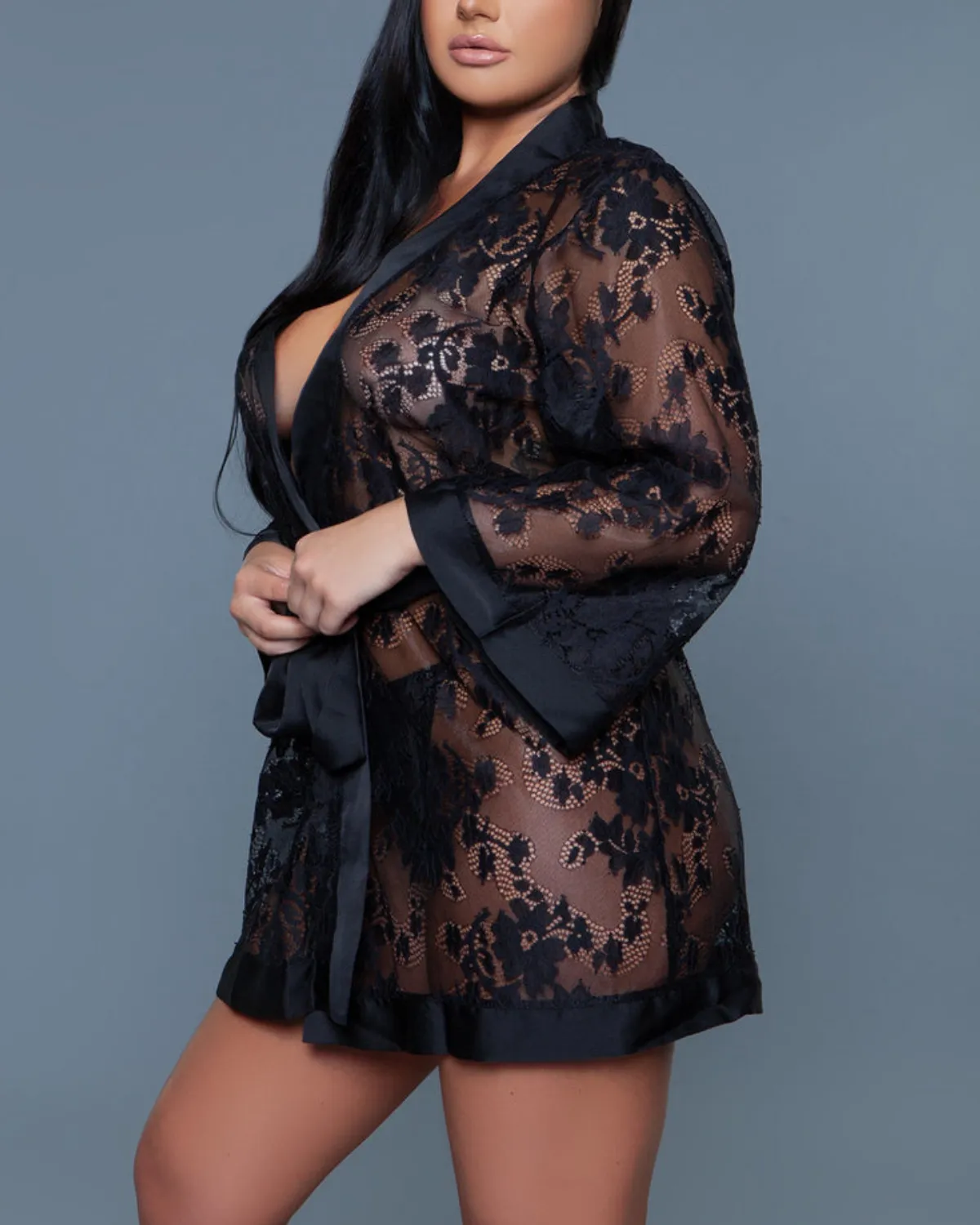 Be Wicked Delia Robe Floral Lace Robe with Satin Trimming (More Colors Available) - 2275