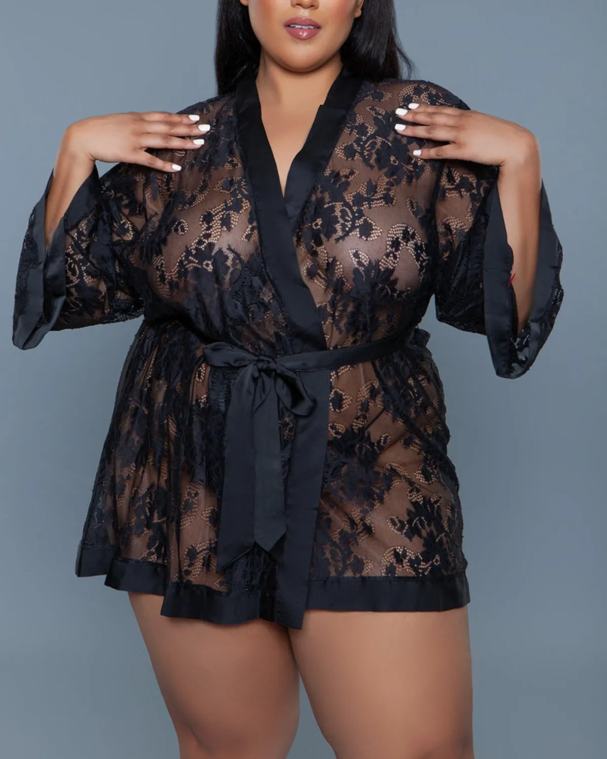 Be Wicked Delia Robe Floral Lace Robe with Satin Trimming (More Colors Available) - 2275