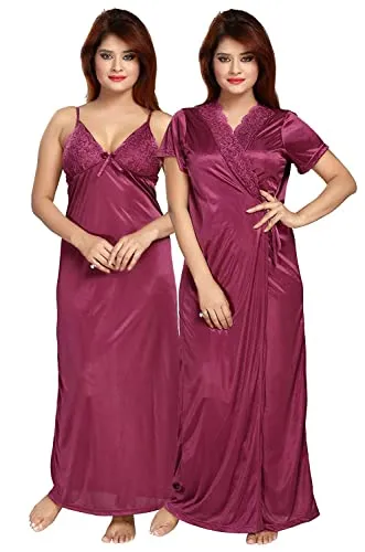 Be You Women's Satin Plain/Solid Maxi Nighty (Pack of 2) (BUF-NIGHTY-325_Magenta_Free Size)