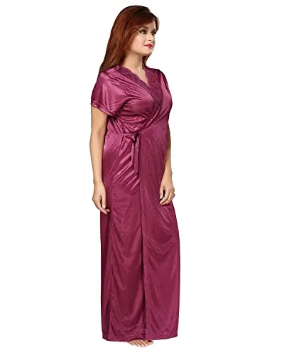 Be You Women's Satin Plain/Solid Maxi Nighty (Pack of 2) (BUF-NIGHTY-325_Magenta_Free Size)