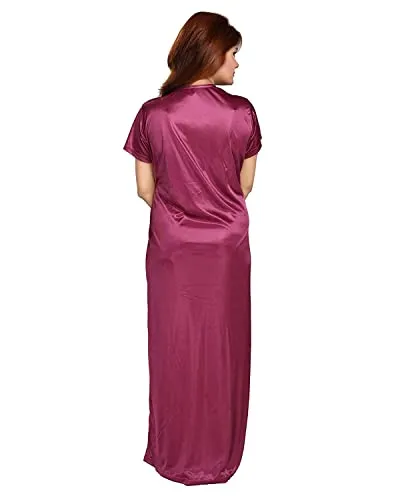 Be You Women's Satin Plain/Solid Maxi Nighty (Pack of 2) (BUF-NIGHTY-325_Magenta_Free Size)