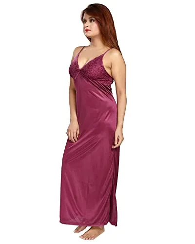 Be You Women's Satin Plain/Solid Maxi Nighty (Pack of 2) (BUF-NIGHTY-325_Magenta_Free Size)