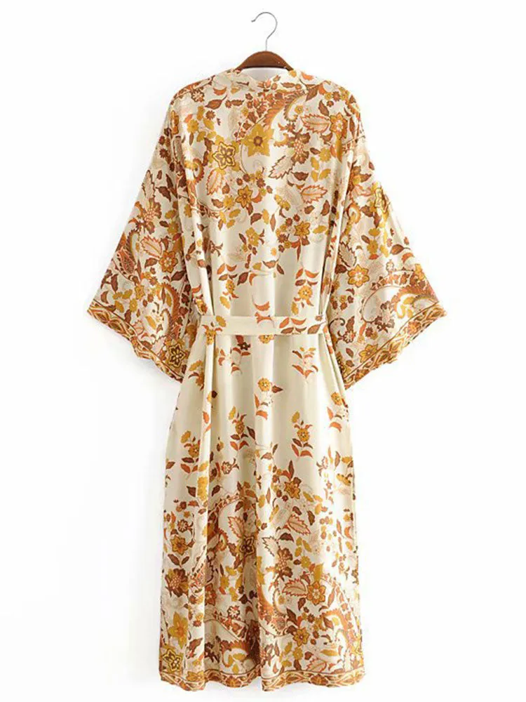 Beachwear & Partywear Floral Print Beige Color Cotton Long Length Gown Kimono Duster Robe