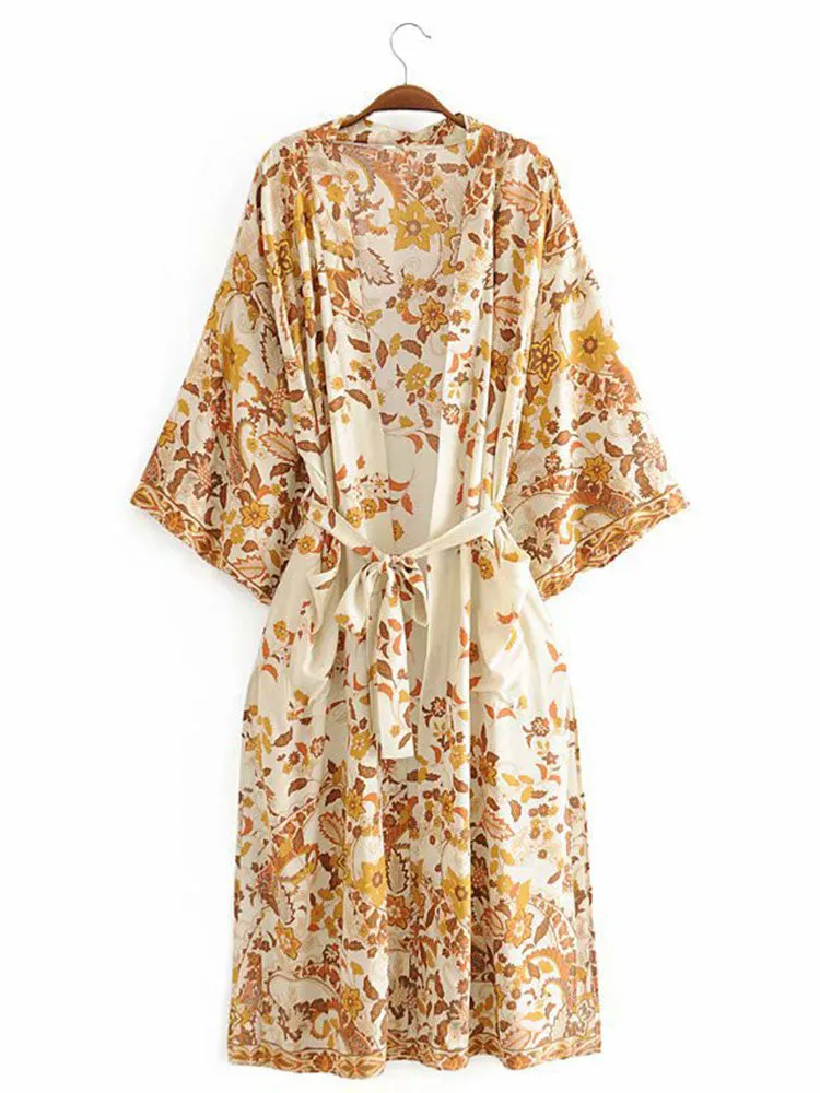 Beachwear & Partywear Floral Print Beige Color Cotton Long Length Gown Kimono Duster Robe