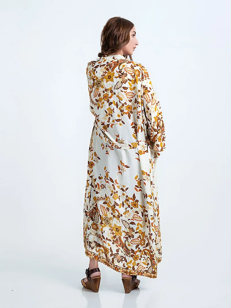 Beachwear & Partywear Floral Print Beige Color Cotton Long Length Gown Kimono Duster Robe