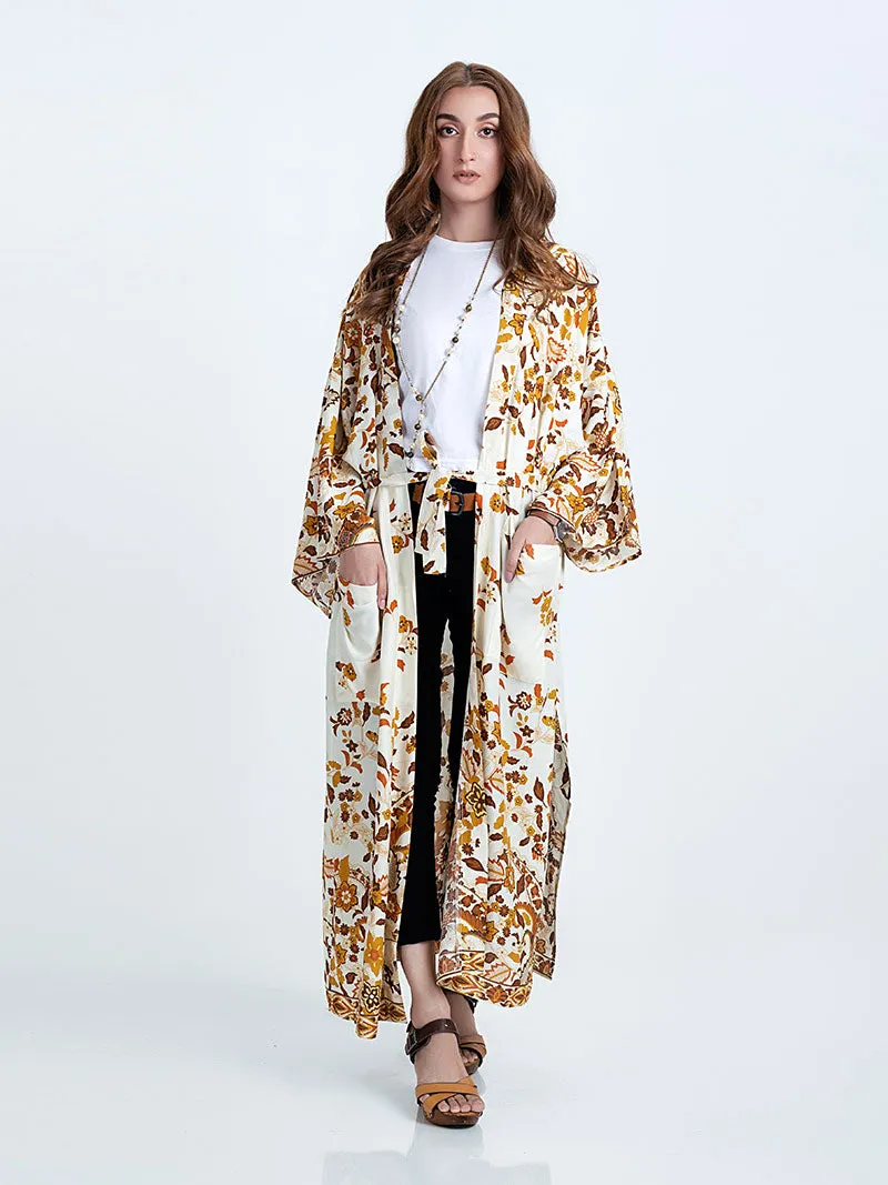 Beachwear & Partywear Floral Print Beige Color Cotton Long Length Gown Kimono Duster Robe