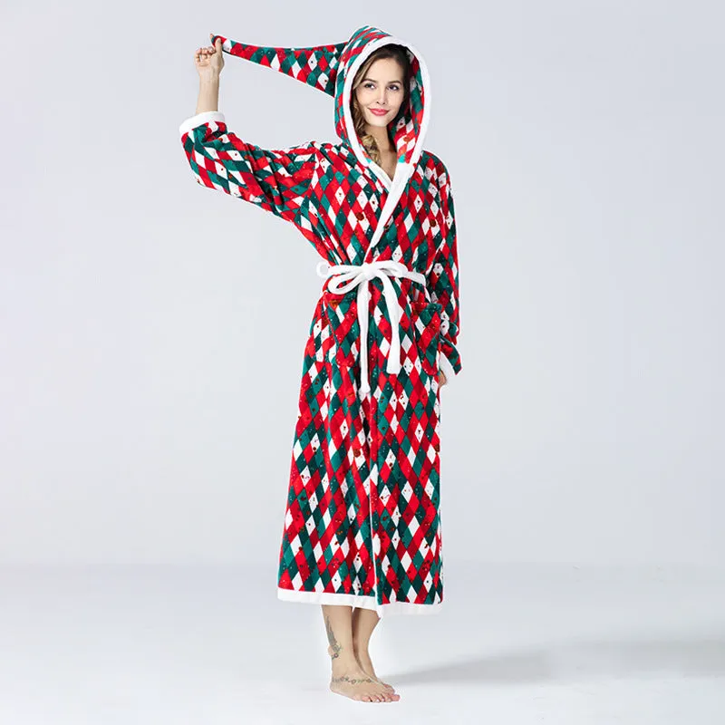 Christmas Sleepwear Women Fleece Hooded Bathrobe Plush Long Robe Winter