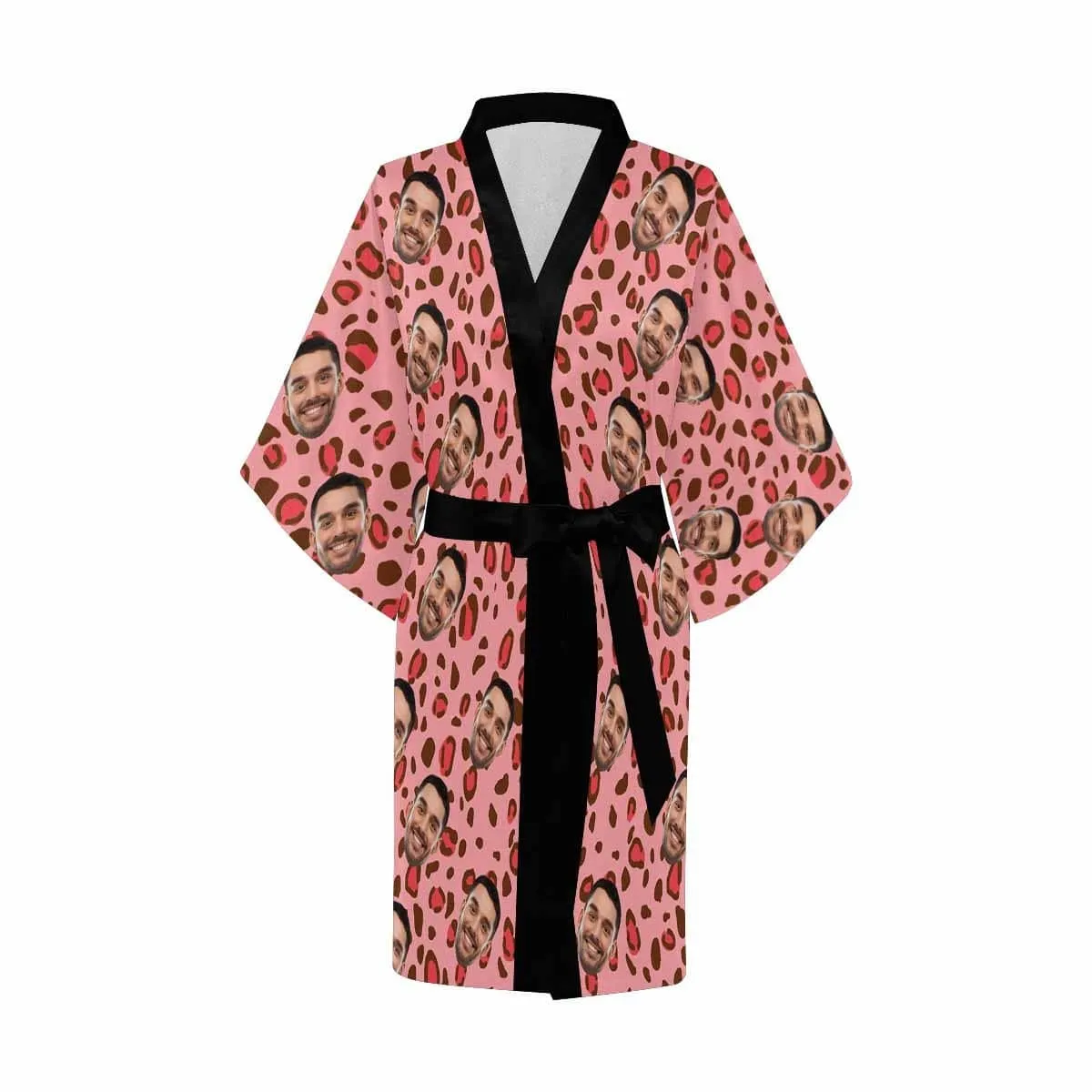 Custom Face Pink Leopard Print Women's Summer Short Nightwear Funny Personalized Photo Pajamas Kimono Robe