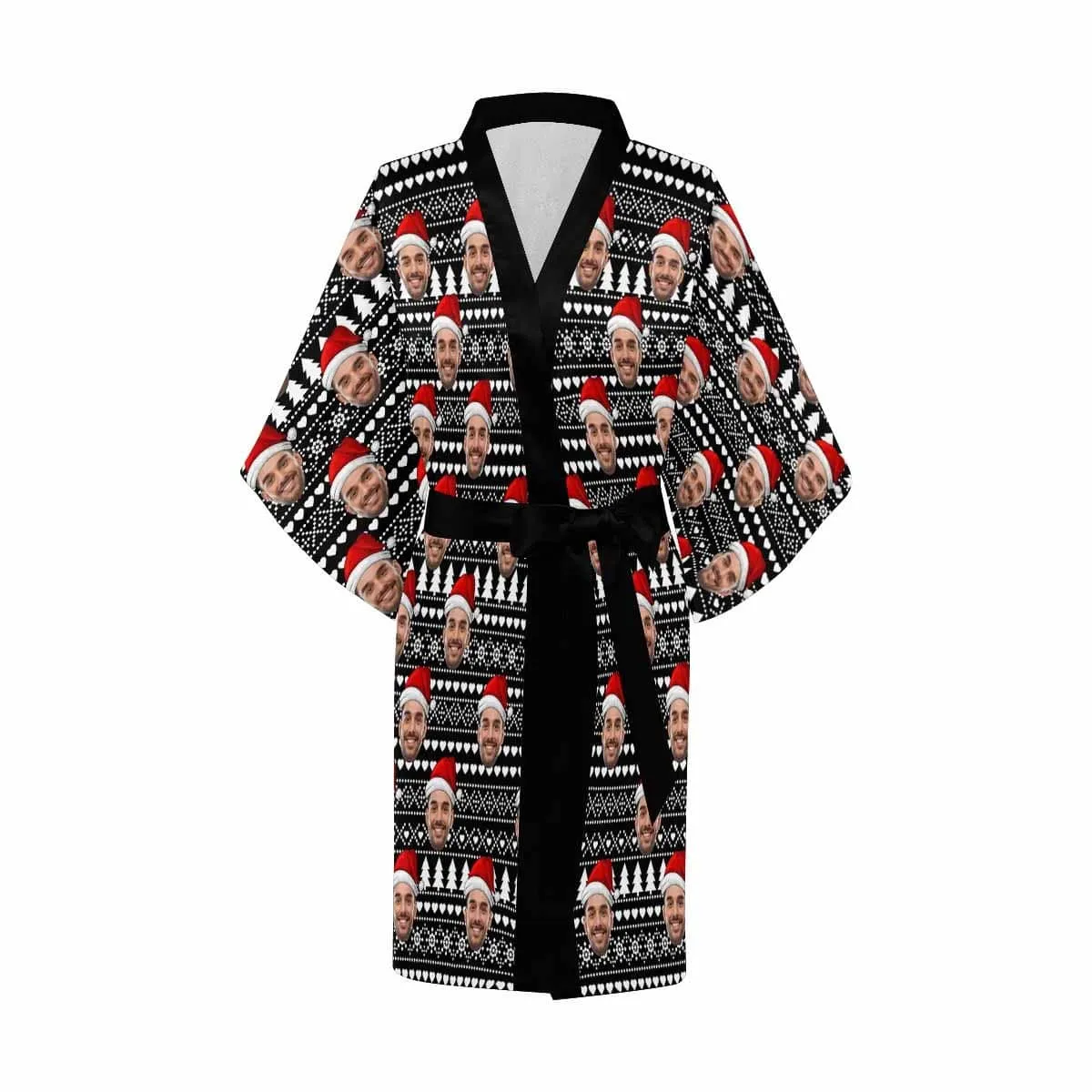 Custom Husband Face Black Christmas Hat Women's Summer Short Pajamas Funny Personalized Photo Pajamas Kimono Robe