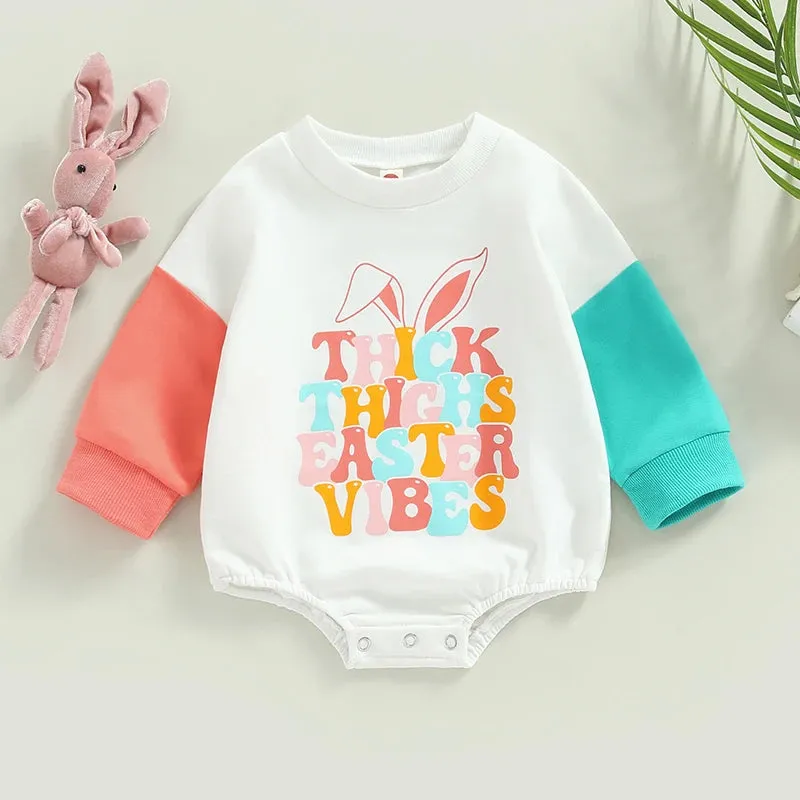 Cute Easter Baby Romper for Boys & Girls with Bunny Ears Sweatshirt,  Toddler Oversized Sweater Onesie