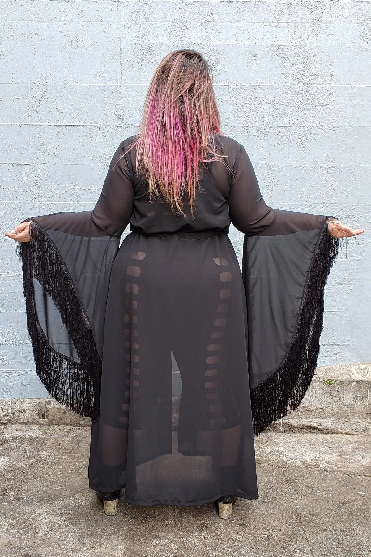 Five and Diamond Morticia Robe - black fringe - last sizes L   XL