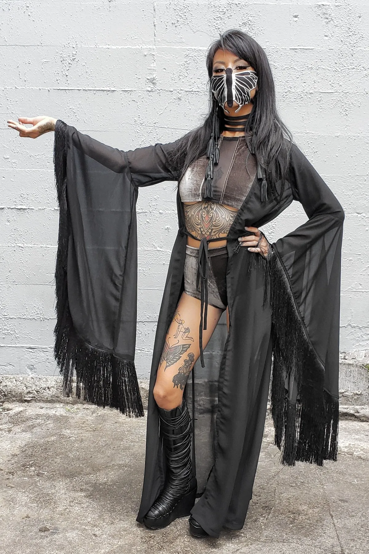 Five and Diamond Morticia Robe - black fringe - last sizes L   XL