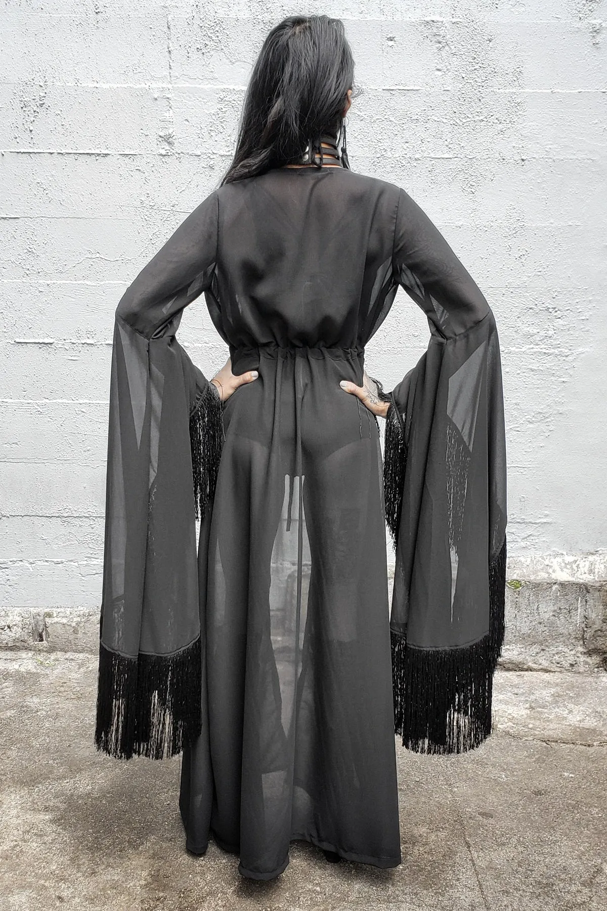 Five and Diamond Morticia Robe - black fringe - last sizes L   XL