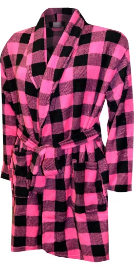 Fuchsia and Black Buffalo Plaid Print Plush Robe