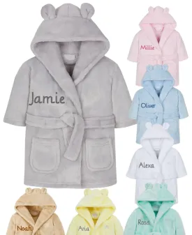 Gembroidery Personalised Baby Bathrobe Hooded Fleece Dressing Gown Super Soft Gifts Bath Robe For Boys Girls Cute Teddy Ears (0-6 Grey)