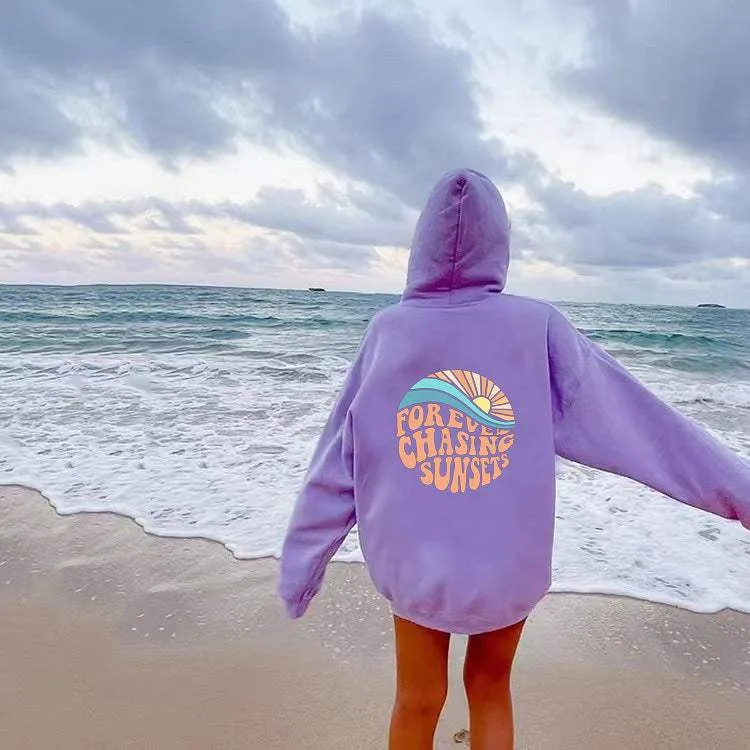 Glow Chic's Fleece-Lined Sunset Print Hoodie with Kangaroo Pocket – Cozy Drawstring Style