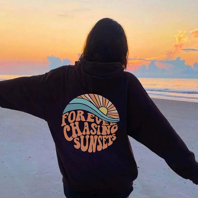 Glow Chic's Fleece-Lined Sunset Print Hoodie with Kangaroo Pocket – Cozy Drawstring Style