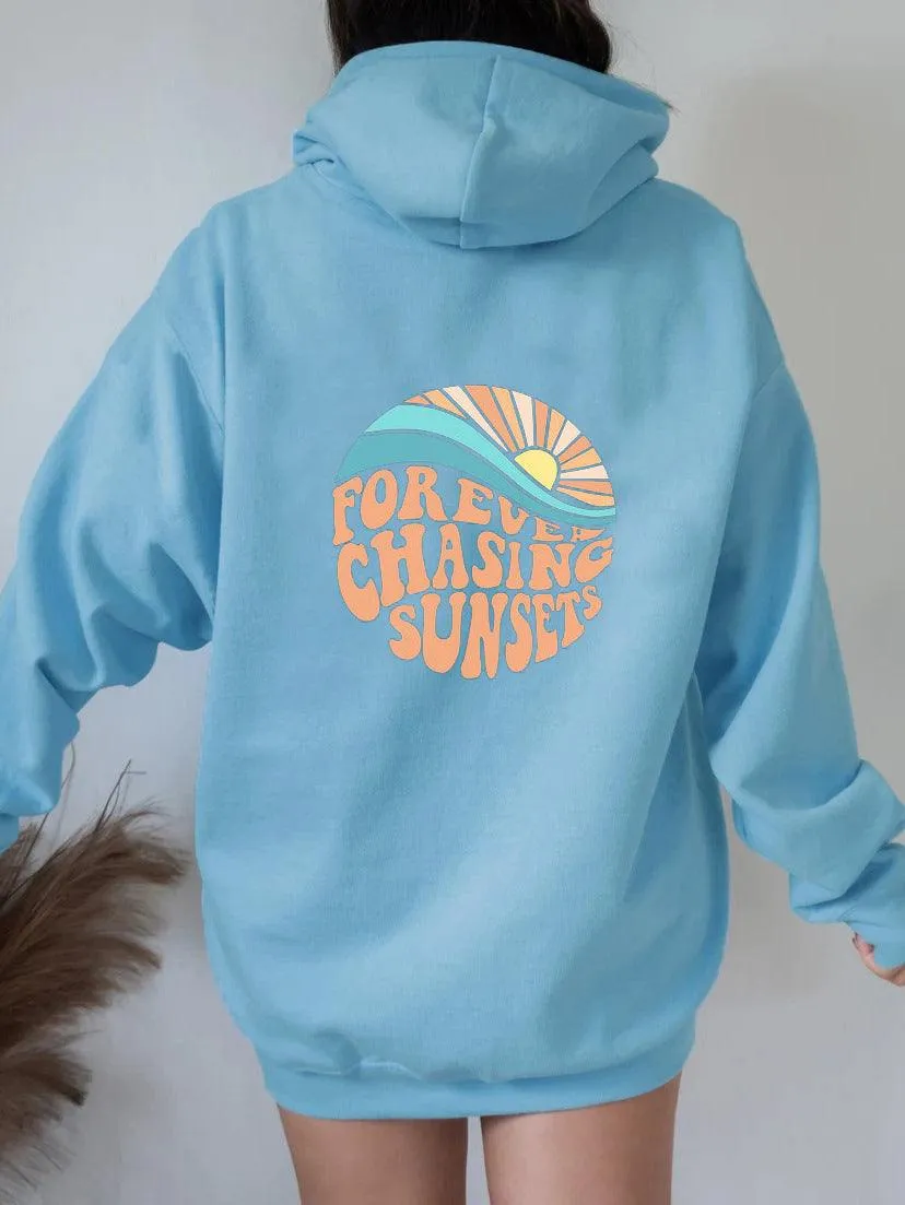 Glow Chic's Fleece-Lined Sunset Print Hoodie with Kangaroo Pocket – Cozy Drawstring Style