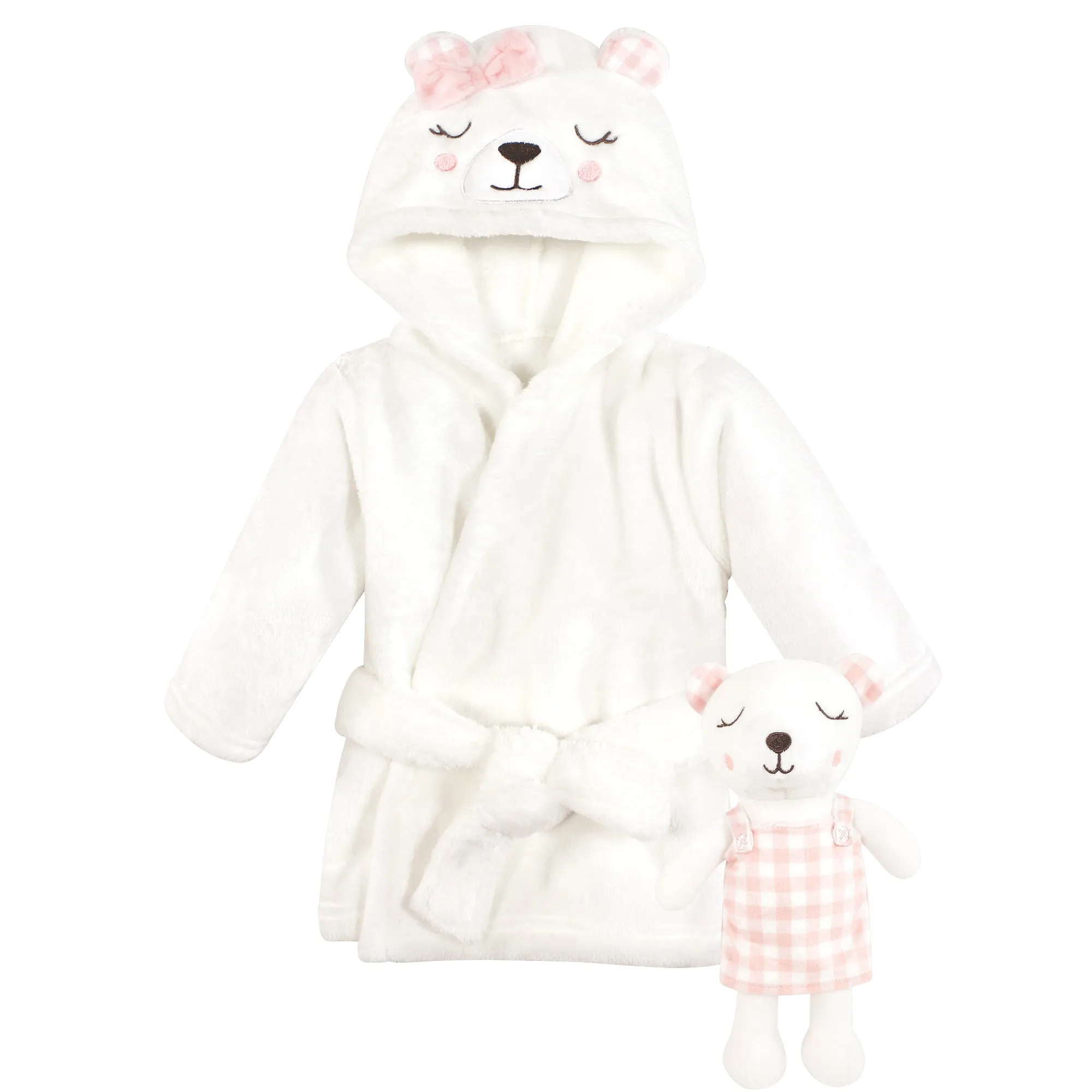 Hudson Baby Plush Bathrobe and Toy Set, Gingham Bear Girl