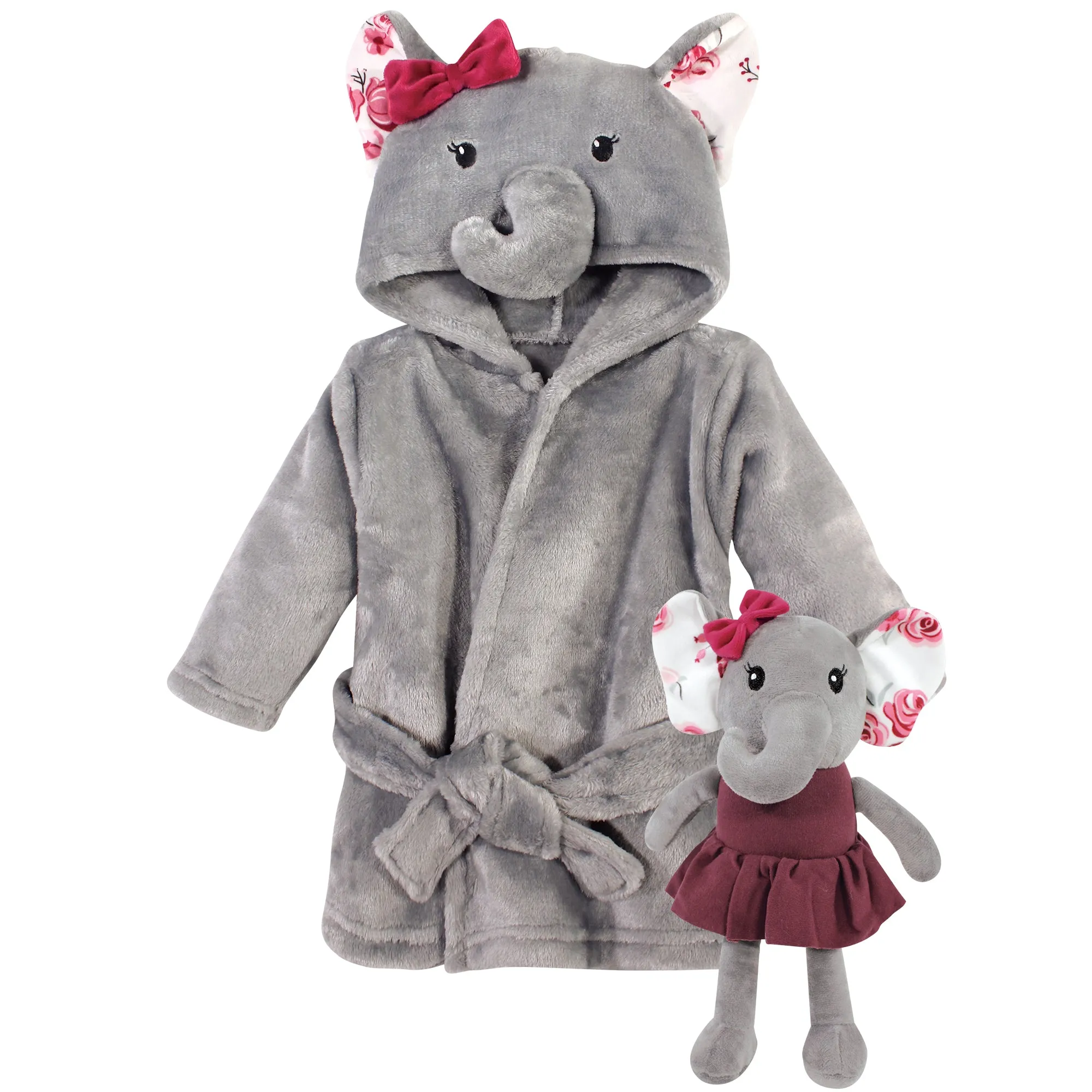 Hudson Baby Plush Bathrobe and Toy Set, Gray Rose Elephant