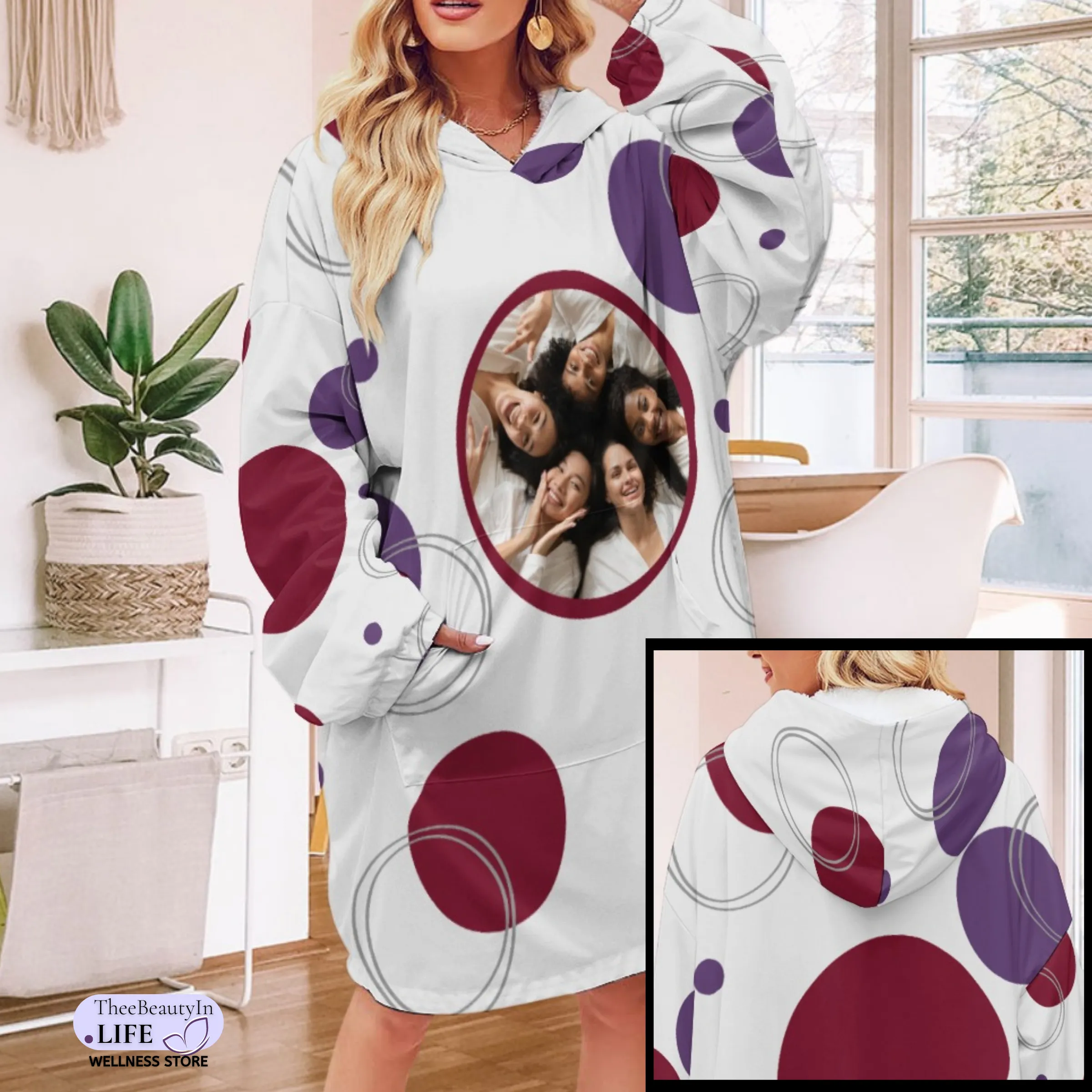 In Circles Custom Photo Hoodie Robe | Custom Hooded Robe | Hoodie Blanket with Sleeves and Pockets | House Robe and Slipper Gift Sets for Women |  Cute Personalized Gifts for Matron of Honor