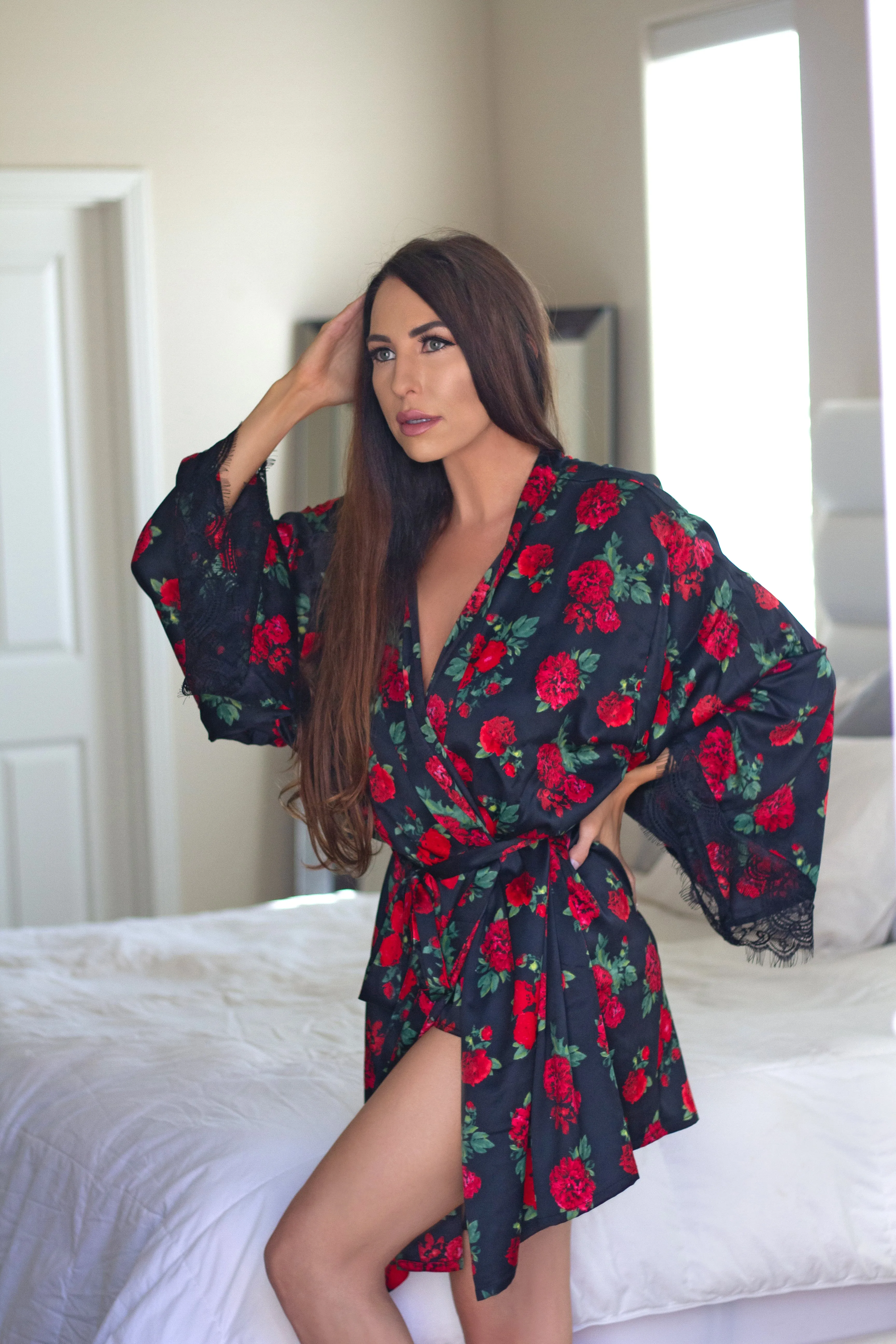 Ladies Sexy Satin Rose Printed Kimono Night Robe.