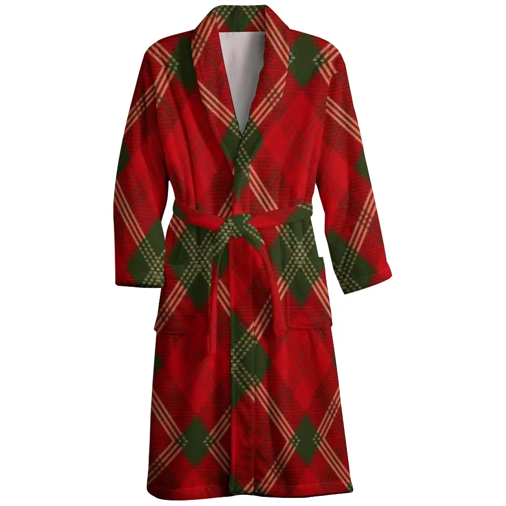 Mens Belt Christmas Argyle Checked Red Print Fleece Lounge Robe