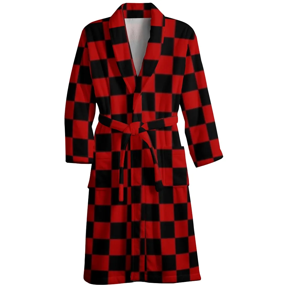 Mens Belt Christmas Checkerboard Print Fleece Lounge Robe