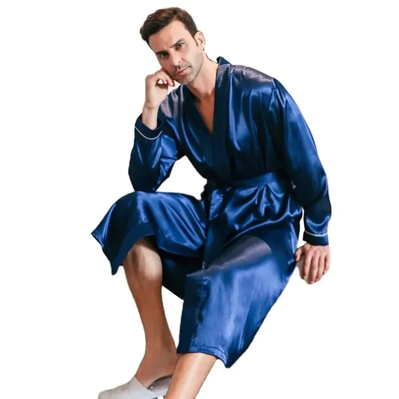 Men's spring and autumn silk thin style oversized pyjamas long sleeved bathrobes ice silk bathrobes home clothing summer