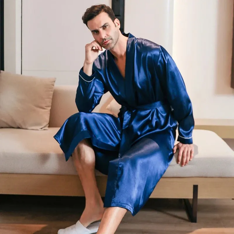 Men's spring and autumn silk thin style oversized pyjamas long sleeved bathrobes ice silk bathrobes home clothing summer