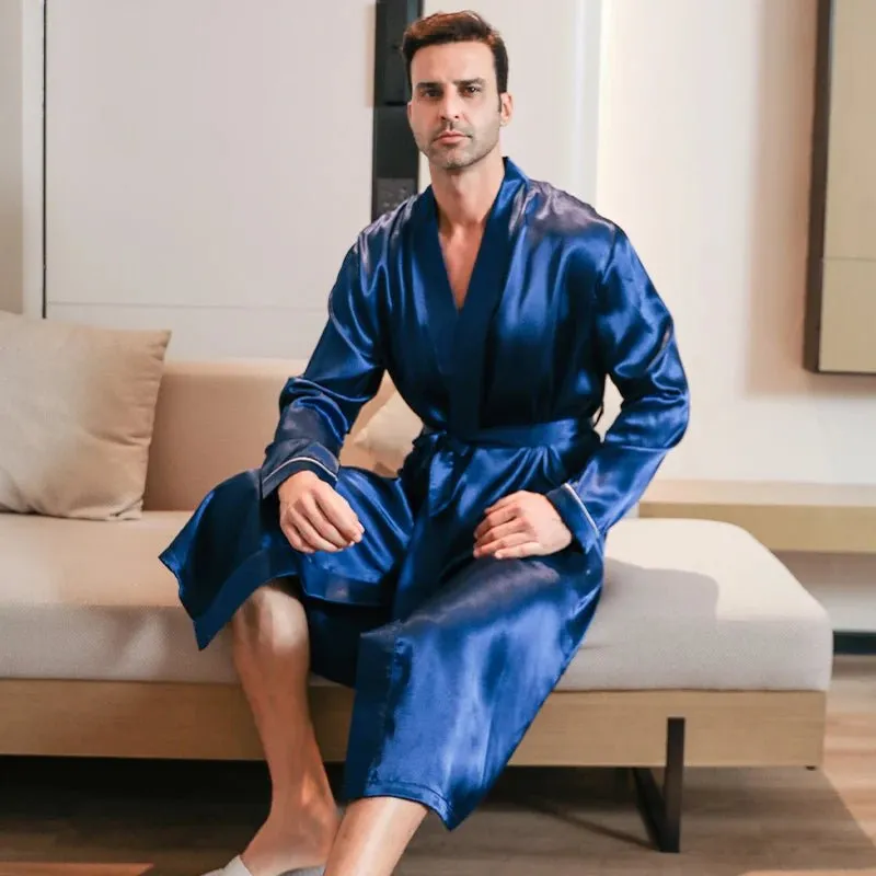 Men's spring and autumn silk thin style oversized pyjamas long sleeved bathrobes ice silk bathrobes home clothing summer