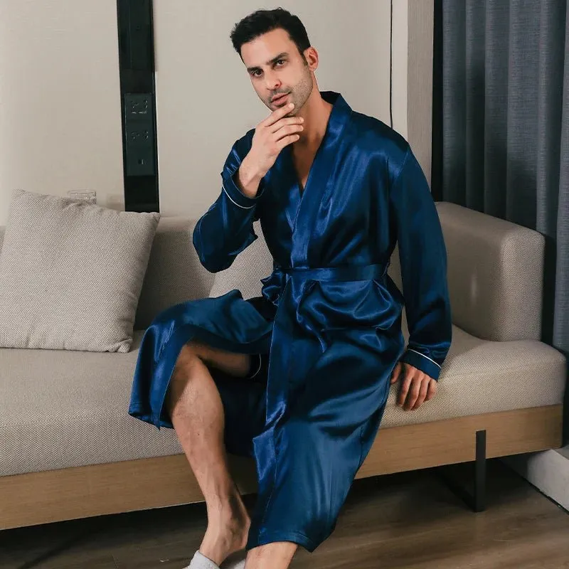 Men's spring and autumn silk thin style oversized pyjamas long sleeved bathrobes ice silk bathrobes home clothing summer