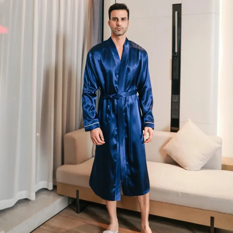 Men's spring and autumn silk thin style oversized pyjamas long sleeved bathrobes ice silk bathrobes home clothing summer