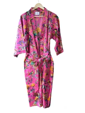 Pink Bird Print - Kimono Robe, Cotton Robe