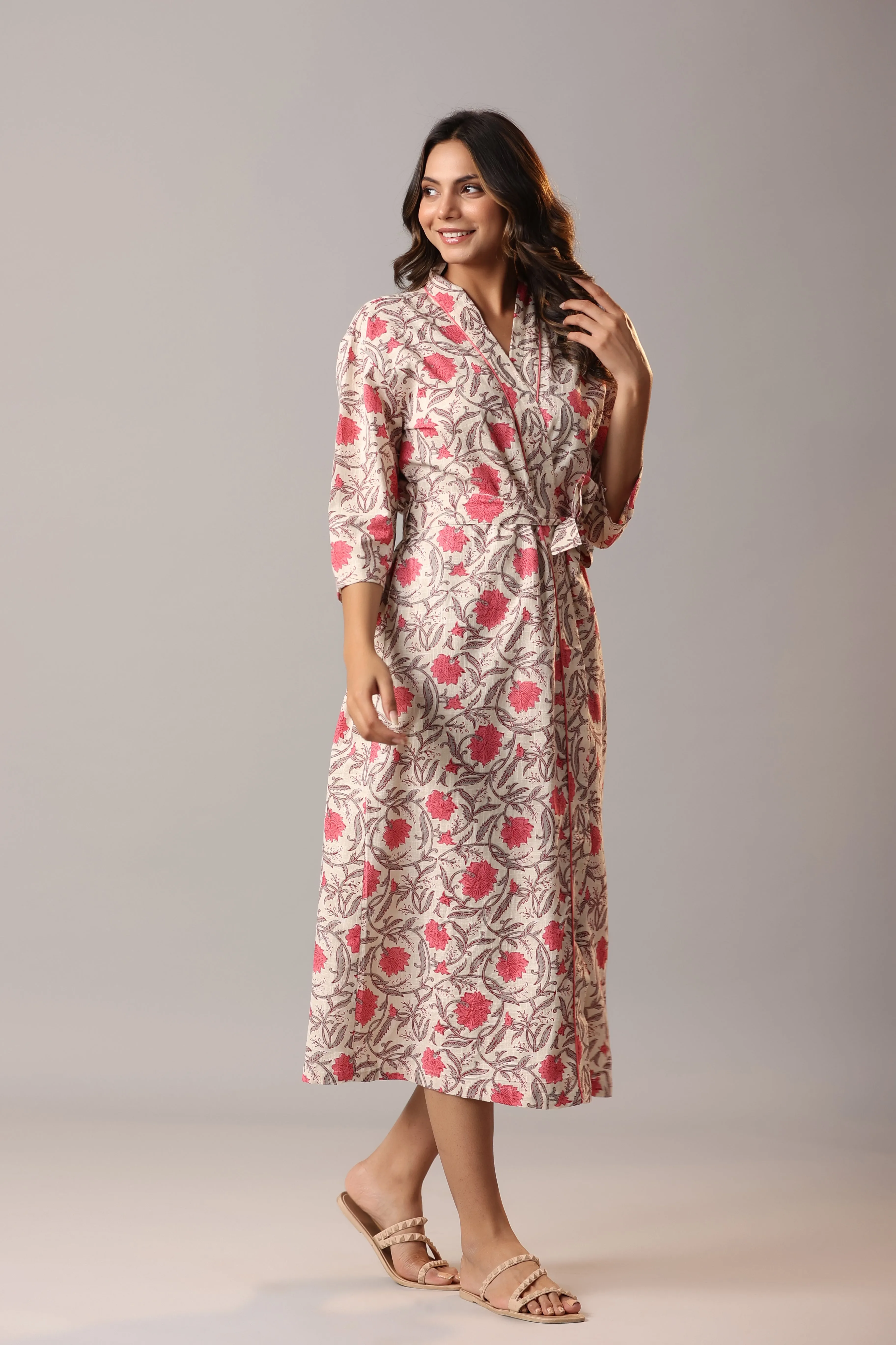 Pink Jaipuri Jaal on White Cotton Robe