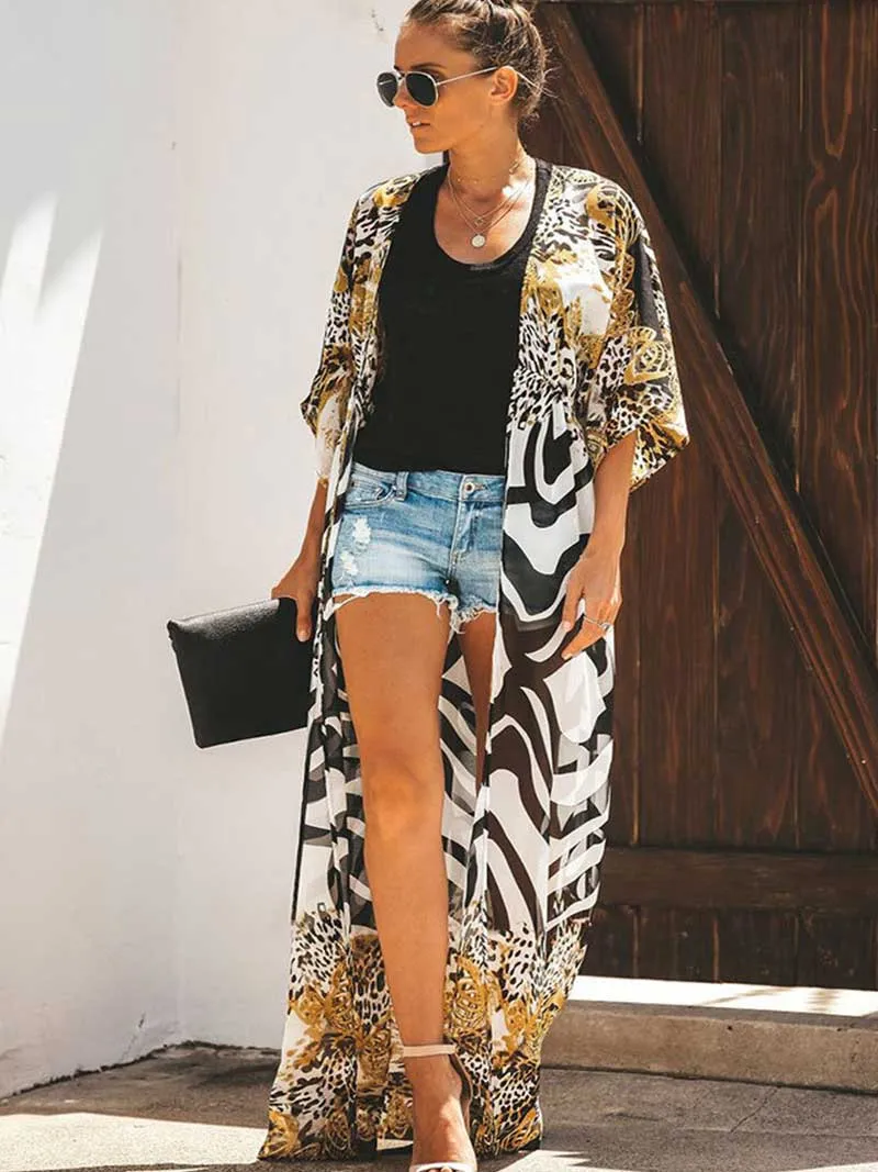 Printed Multicolor Chiffon Long Length Gown Kimono Duster Robe