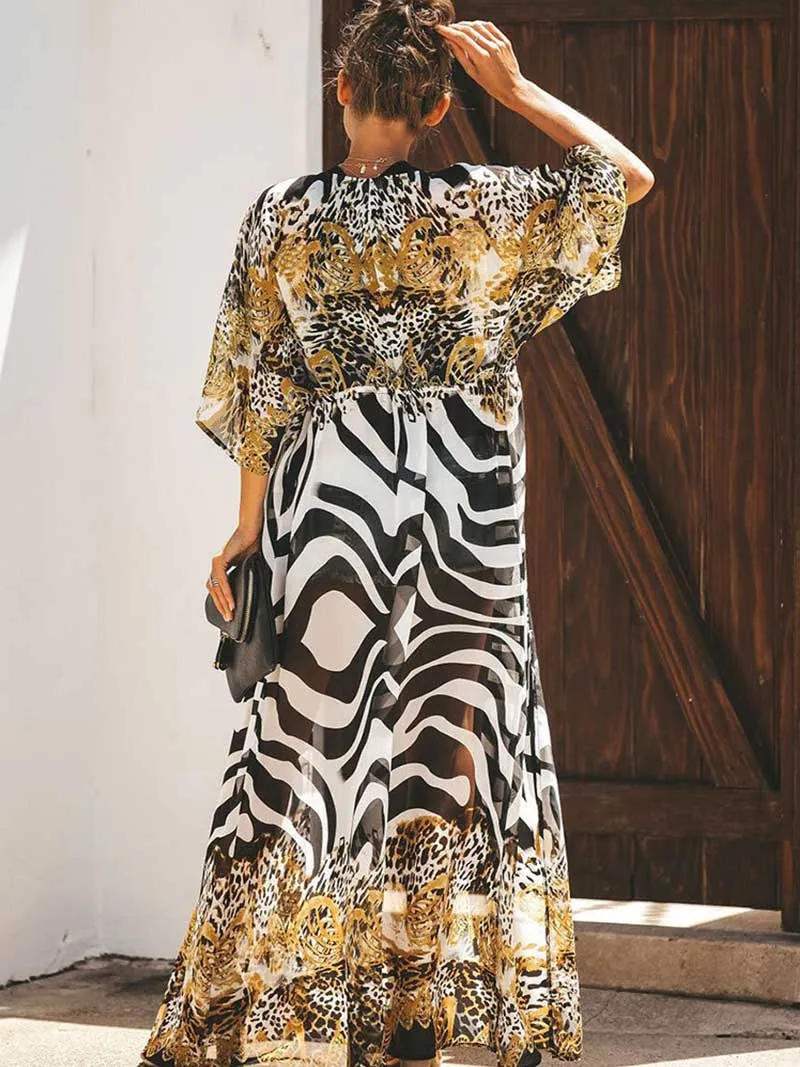 Printed Multicolor Chiffon Long Length Gown Kimono Duster Robe