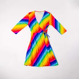 Womens Rainbow Stripe Half Sleeve Lounge Wrap Dress