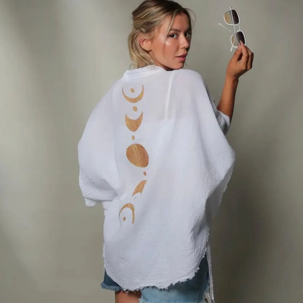 SALE! Handpainted Muslin Kimono Robe with Golden Moon Phases / Poncho