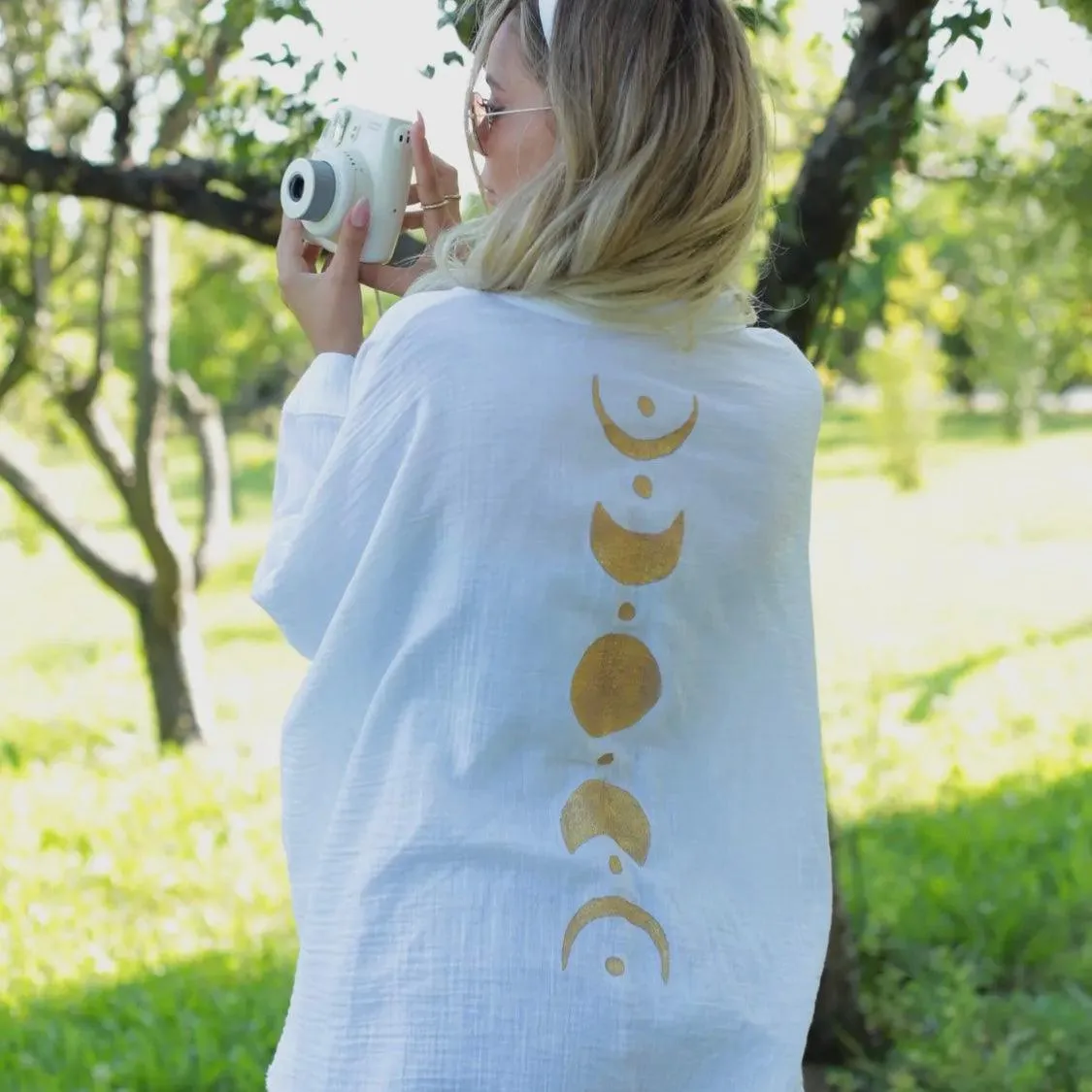 SALE! Handpainted Muslin Kimono Robe with Golden Moon Phases / Poncho