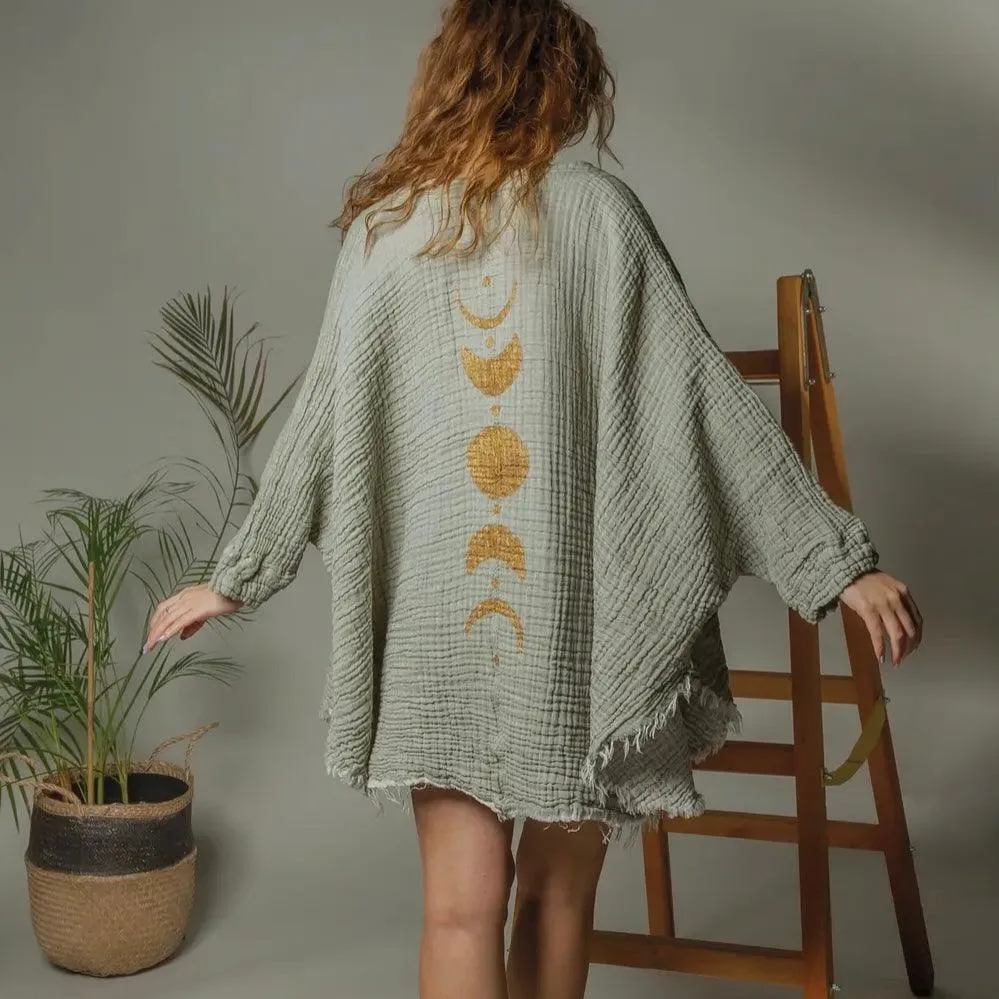 SALE! Handpainted Muslin Kimono Robe with Golden Moon Phases / Poncho