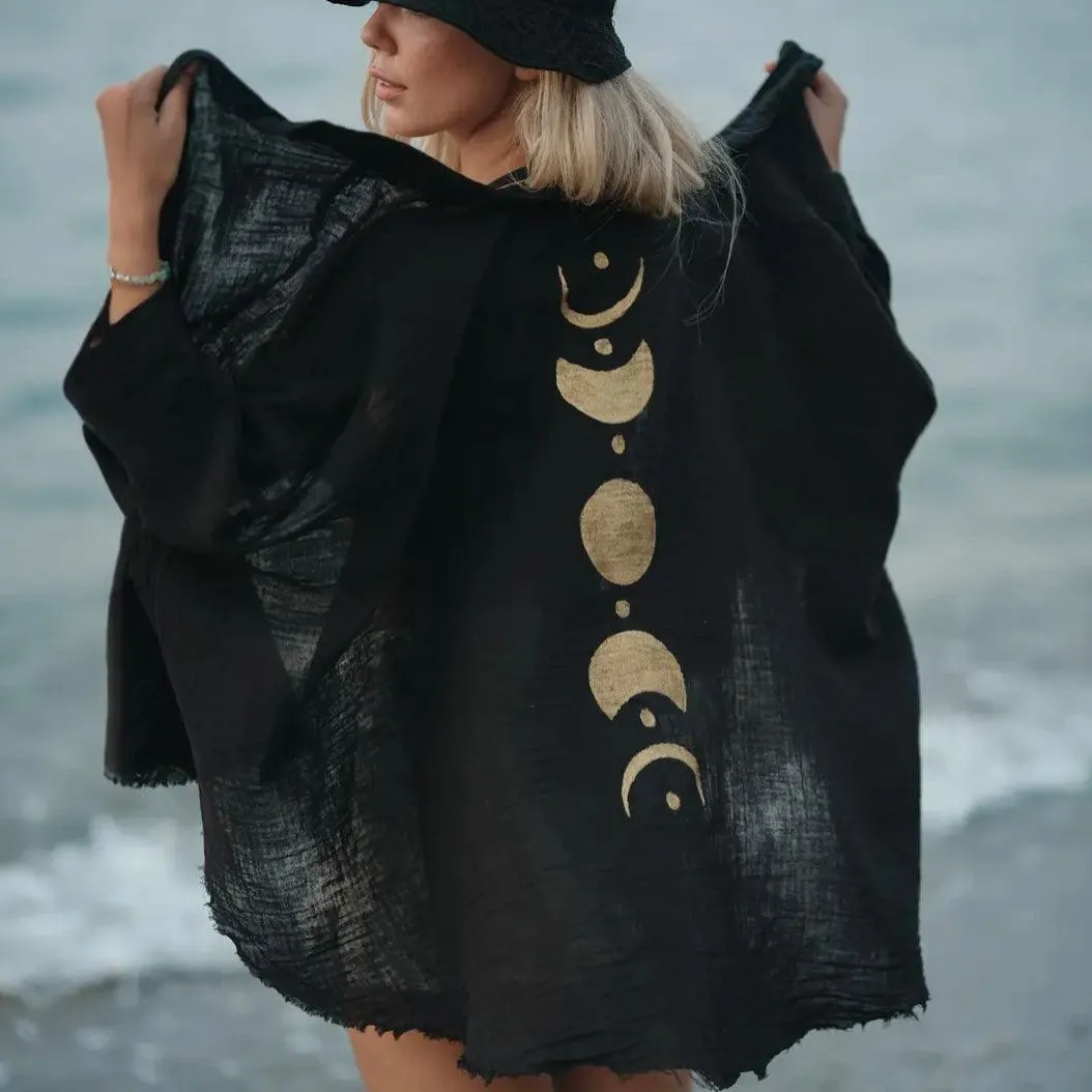 SALE! Handpainted Muslin Kimono Robe with Golden Moon Phases / Poncho