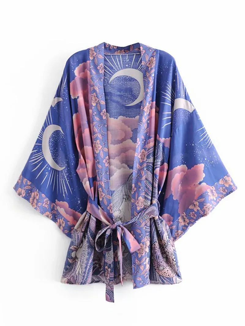 Short Length Floral Print Blue Color Cotton Gown Kimono Duster Robe