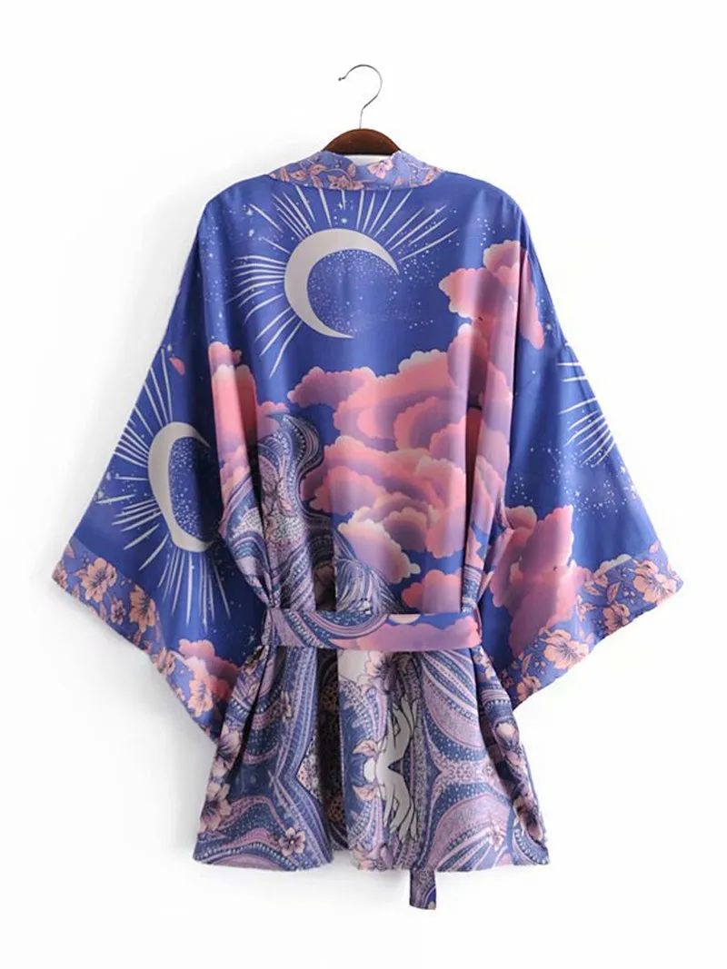 Short Length Floral Print Blue Color Cotton Gown Kimono Duster Robe