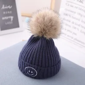 Smiley Pom Pom Baby Winter Cap - Navy Blue