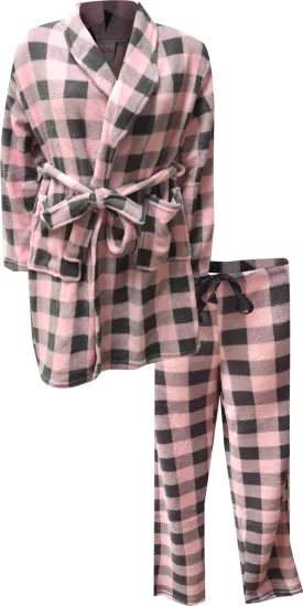 Soft Pink and Gray Buffalo Plaid Print Plush Robe and Loungepant Set