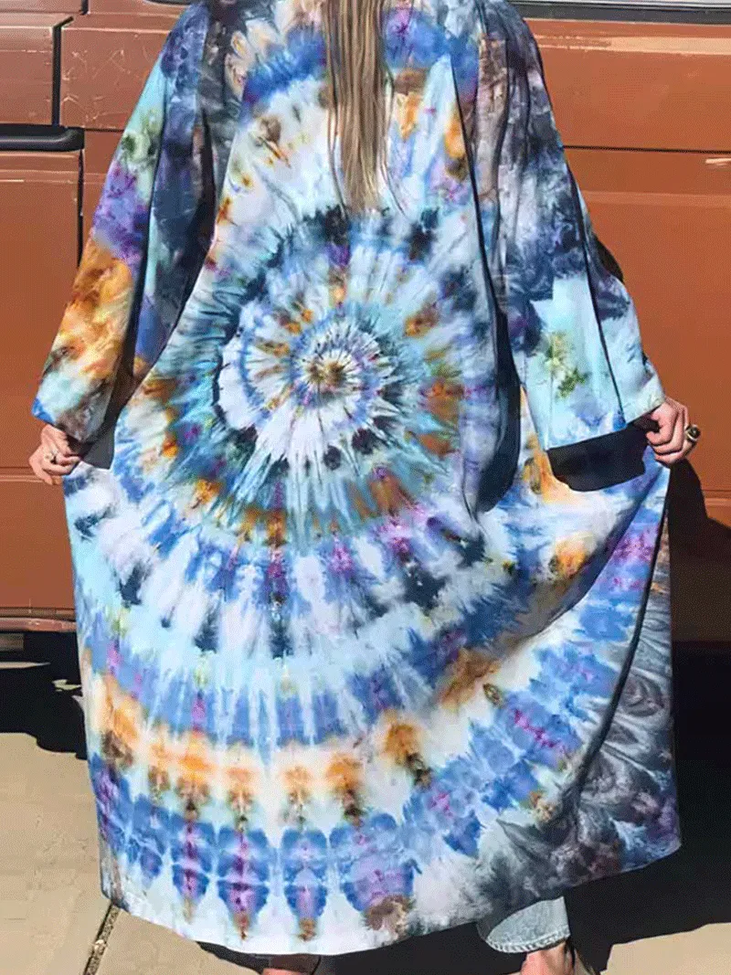 Tie-Dye Print Multicolor Polyester Long Length Gown Kimono Duster Robe