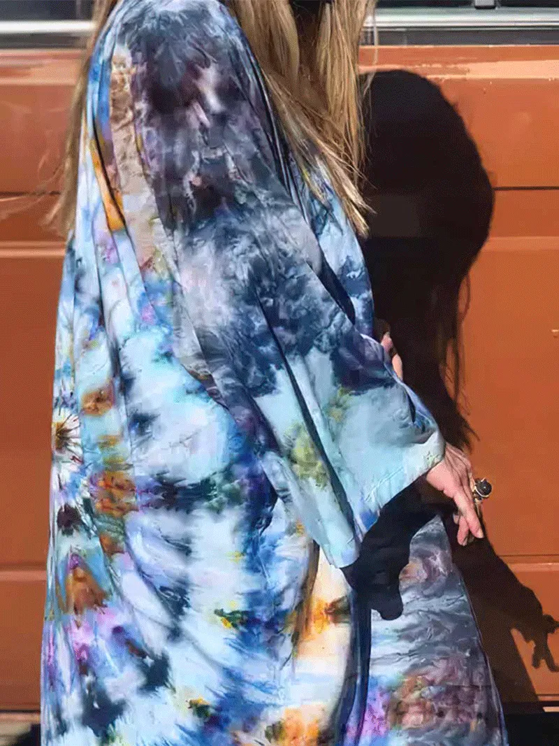 Tie-Dye Print Multicolor Polyester Long Length Gown Kimono Duster Robe