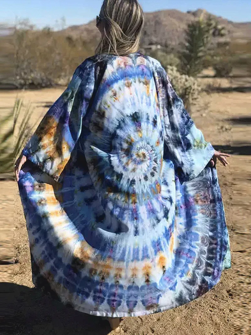 Tie-Dye Print Multicolor Polyester Long Length Gown Kimono Duster Robe